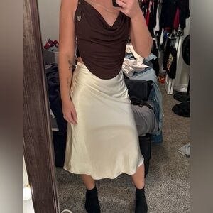 Off White Satin Midi Skirt